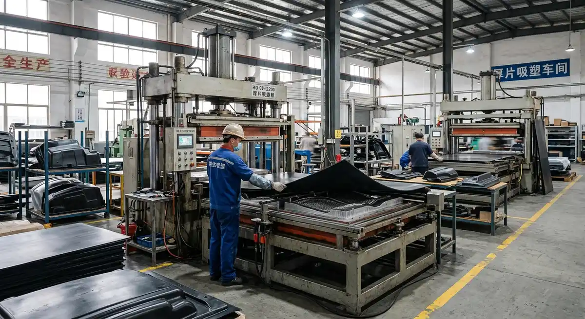 A five-axis CNC engraving machine is cutting a thick white sheet of vacuum-formed product on the operating table.