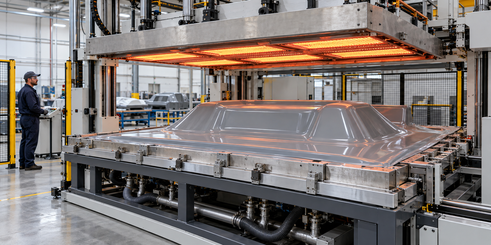 AI-generated illustration of a heavy gauge thermoforming machine forming a plastic sheet
